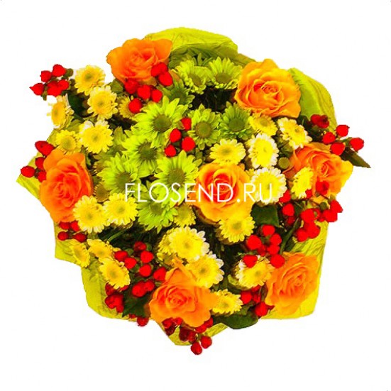 Букет из желтых хризантем и рябины - фото 3