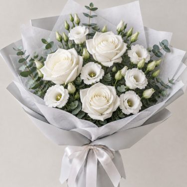 Букет из 3 белых роз и эустомы
